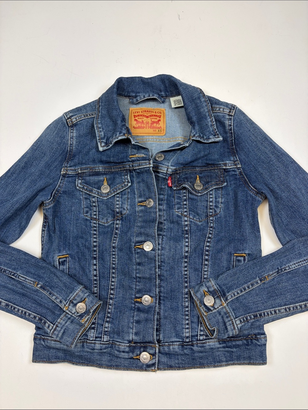 LEVI’S WOMENS XS DENIM TRUCKER JACKET MEDIUM WASH CLASSIC JEAN JACKET